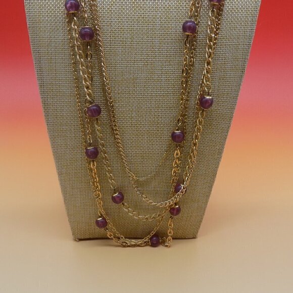 Vintage Multi-Strand Necklace Layered Etruscan Revival Gold-tone Purple Beads - Picture 4 of 7